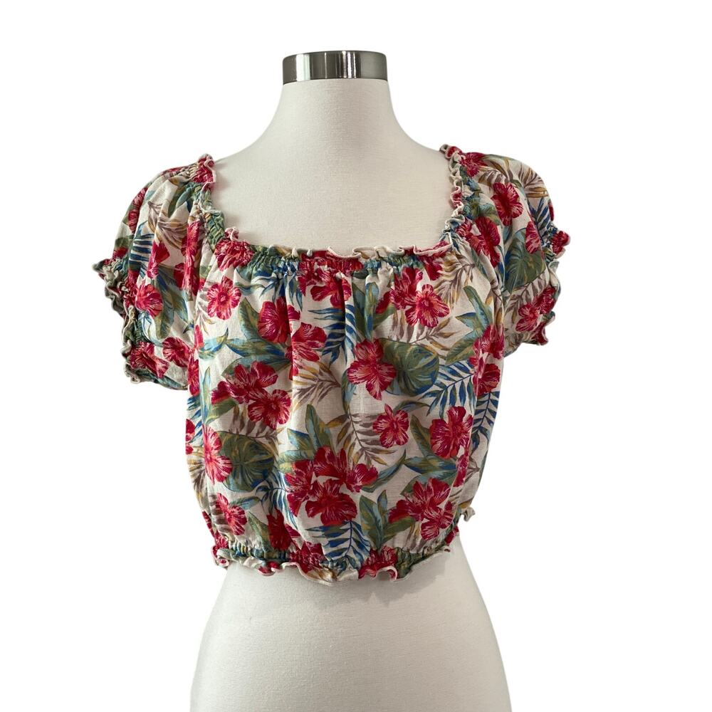 American Eagle Cotton Linen Floral‎ Cropped Off the Shoulder Floral Top Size M - Picture 2 of 9